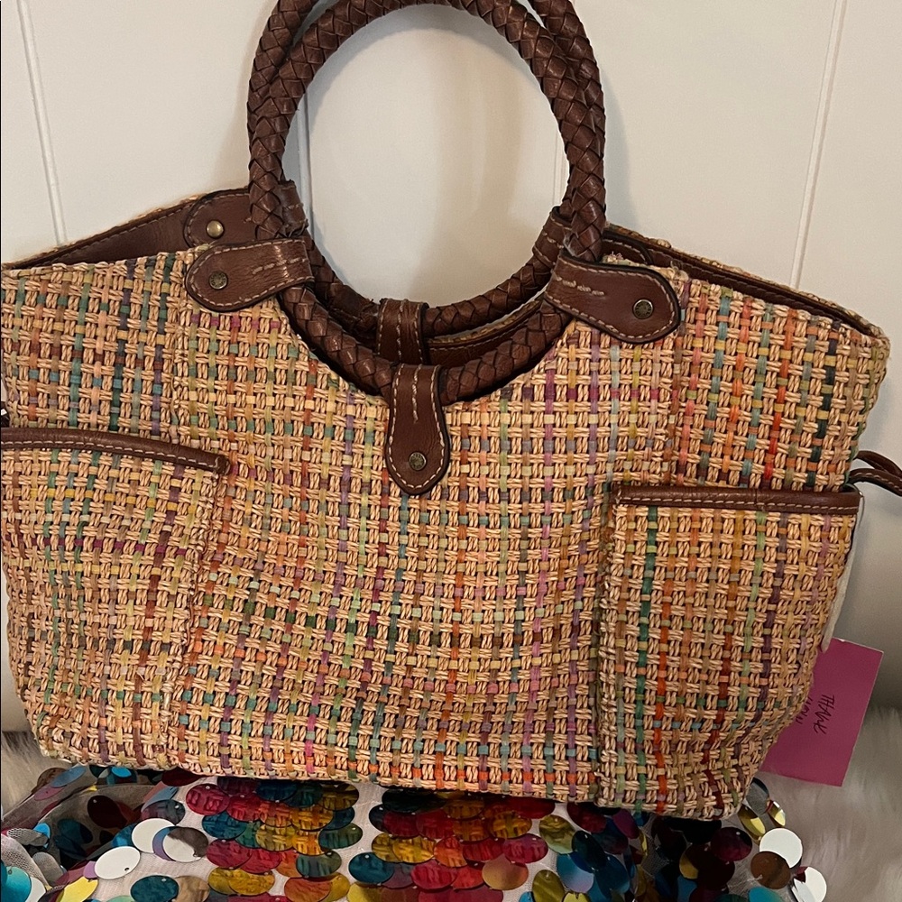 Fossil Multicolor Woven Tote with Brown Braided Handles